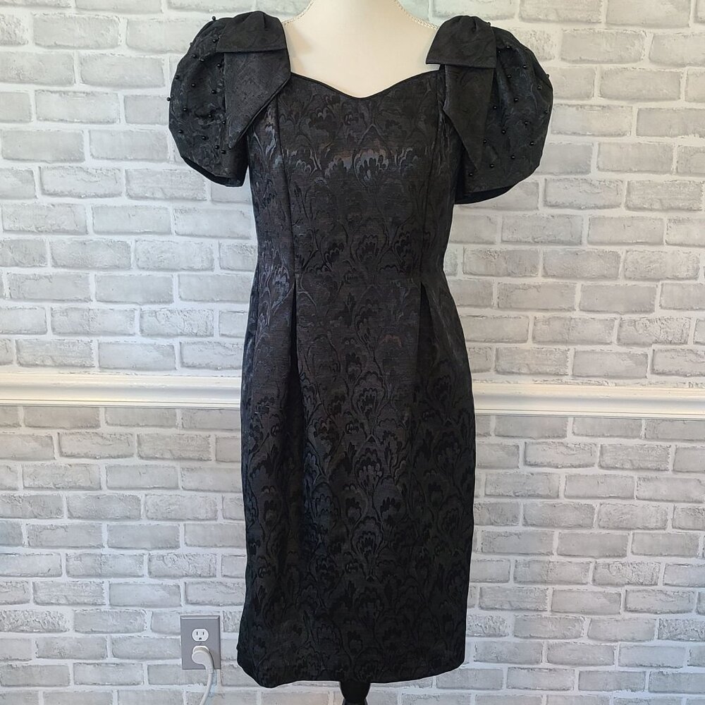 Vintage 80s Black Brocade Puff Sleeve Bows Dress Prom Goth Dance 8 In the Mood